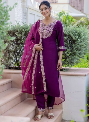 Gleaming Embroidered Purple Pant Style Suit 