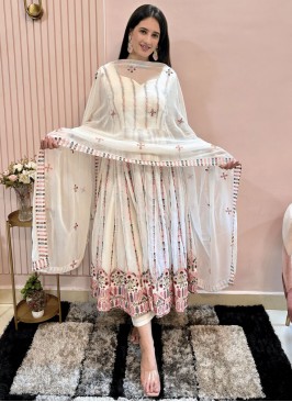 Gleaming Faux Georgette Embroidered White Trendy Salwar Kameez