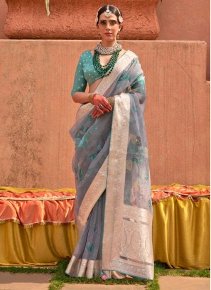 Gleaming Organza Digital Print Blue Saree