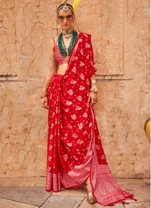 Gleaming Weaving Georgette Red Traditional Saree