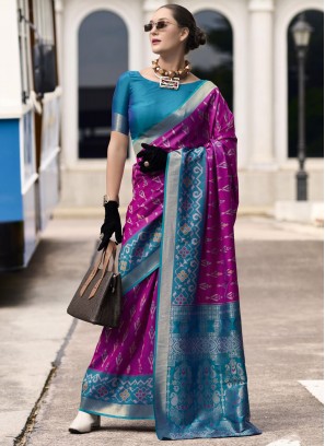 Glitzy Magenta and Purple Weaving Silk Trendy Saree