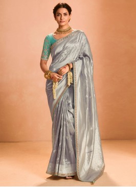 Glitzy Zari Grey Tissue Traditional Saree