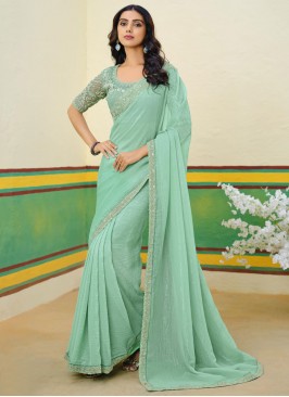 Glorious Blue and Turquoise Shimmer Georgette Classic Saree