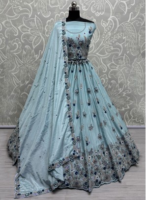 Glossy Aqua Blue Silk Designer Lehenga Choli