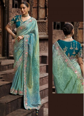 Glossy Aqua Blue Tissue Contemporary Saree