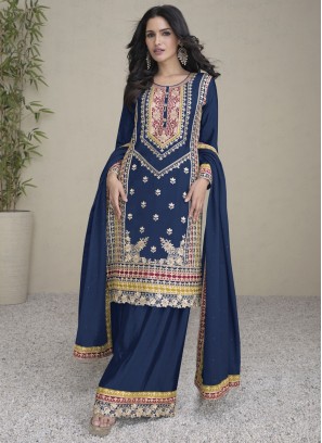 Glossy Chinon Navy Blue Fancy Designer Salwar Kameez