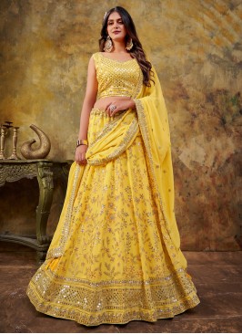 Glowing Embroidered Yellow Georgette Trendy Leheng