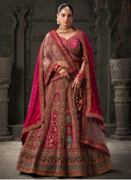 Glowing Maroon and Rani Cord Velvet Readymade Lehenga Choli