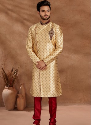 Gold and Marron Set with Jaqard Top and Art Silk Trousers Semi Sherwani.