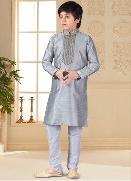Grey jaquard Indo Western Suit for Boys.