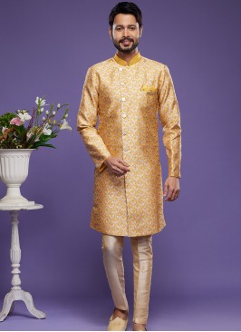 Golden Banarasi Fusion: Embroidered Semi Indo Western Set.