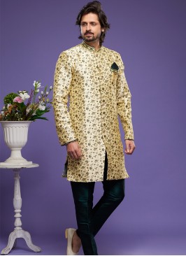 Golden Green Elegance: Banarasi Jacquard Semi-Indo Fusion Set.