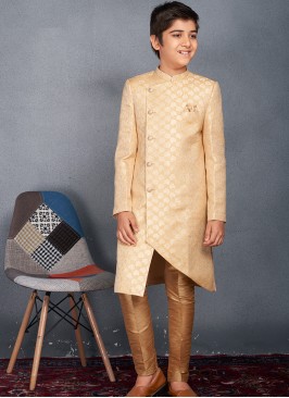 Golden Jacquard Sherwani Trouser Set for Kids.