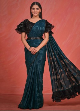 Gorgonize Embroidered Teal Georgette Contemporary Saree