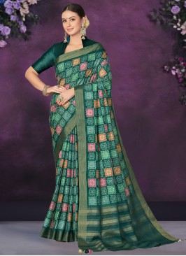 Gorgonize Geometric Print Green Designer Saree