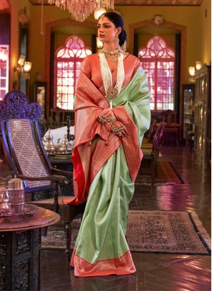 Graceful Green Woven Kanjivaram Silk Trendy Saree