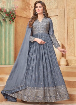 Graceful Grey Sequins Anarkali Gown with Matching 
