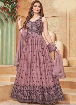 Graceful Onion Pink Thread Anarkali Gown with Matching Dupatta.