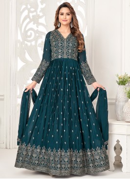 Graceful Teal Sequins Anarkali Gown with Matching 