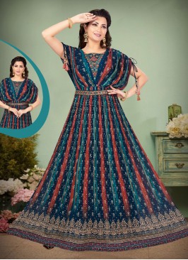 Graceful Blue Multi Printed & Sequins Anarkali Gow