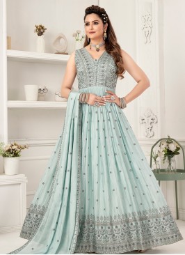 Graceful Sky Blue Sequins & Thread Anarkali Gown with Matching Dupatta.