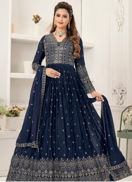 Graceful Nevy Blue Sequins & Thread Anarkali Gown with Matching Dupatta.