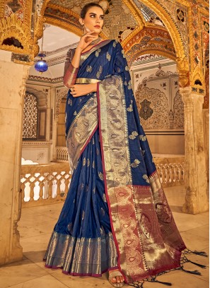Graceful Weaving Navy Blue Tussar Silk Classic Saree
