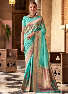 Grandiose Weaving Turquoise Classic Saree