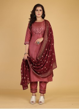 Gratifying Cotton Silk Maroon Embroidered Salwar Suit