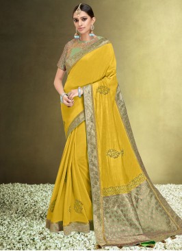 Gratifying Embroidered Silk Yellow Trendy Saree