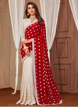 Gratifying Red and White Reception Contemporary Saree