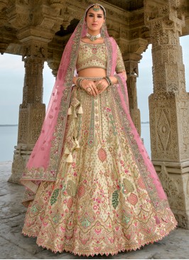 Gratifying Thread Silk Cream Trendy Lehenga Choli