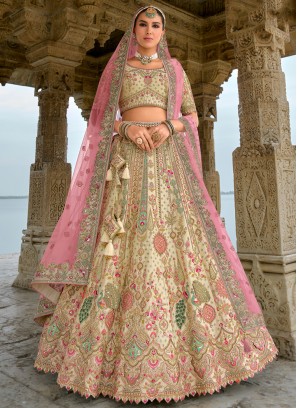 Gratifying Thread Silk Cream Trendy Lehenga Choli