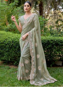 Green and Grey Cutwork Net Trendy Saree