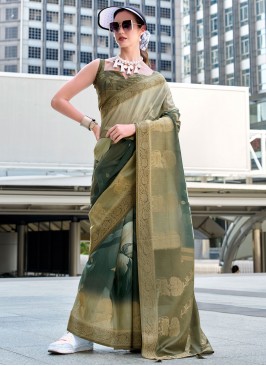 Green and Grey Handloom silk Ceremonial Contemporary Saree