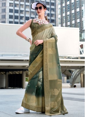 Green and Grey Handloom silk Ceremonial Contemporary Saree