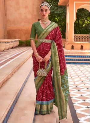 Green and Maroon Weaving Patola Silk  Trendy Saree