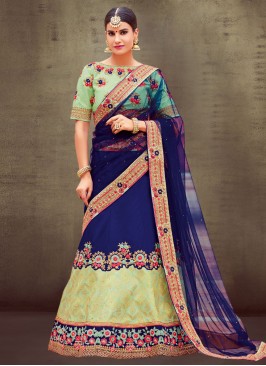 Green and Navy Blue Jacquard Silk Festival Lehenga Choli