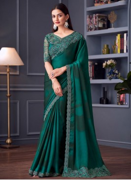 Green and Teal Chiffon Embroidered Traditional Saree