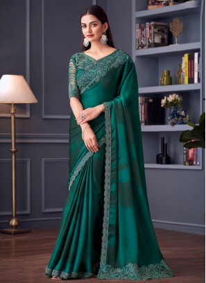 Green and Teal Chiffon Embroidered Traditional Saree