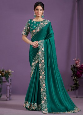 Green and Teal Satin Silk Embroidered Contemporary Saree