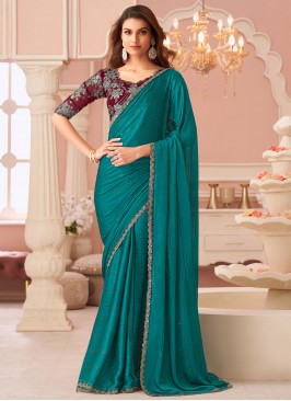 Green and Teal Satin Traditional Saree