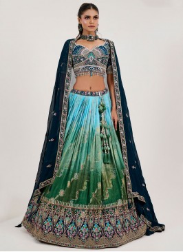 Green and Turquoise Engagement Jacquard Readymade Lehenga Choli