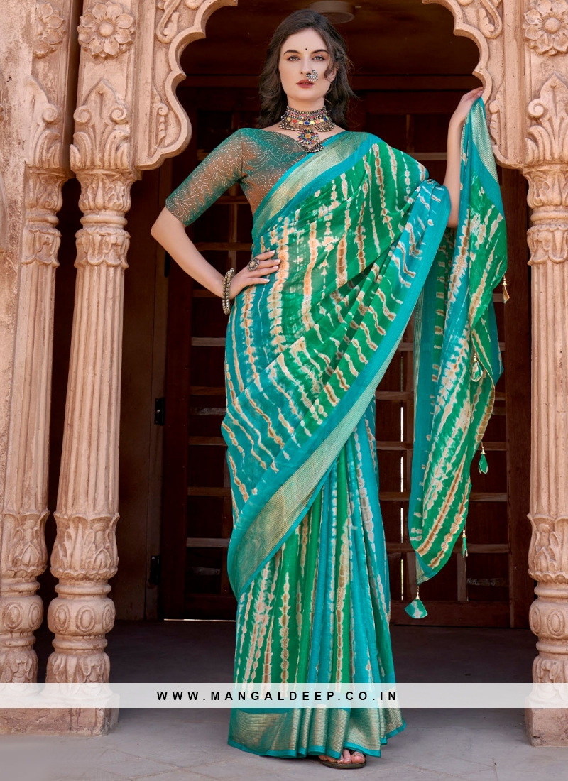 Green and Turquoise Printed Saree