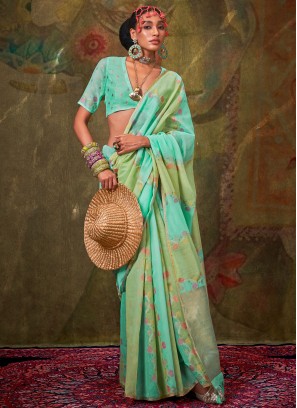 Green and Turquoise Weaving Ceremonial Contemporary Saree