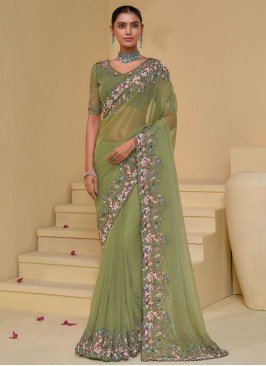 Green Banarasi Silk Moti Contemporary Saree