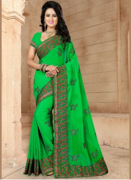 Green Ceremonial Faux Georgette Trendy Saree