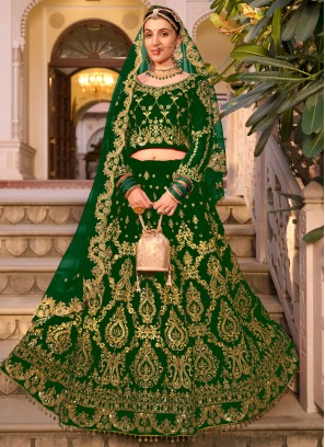 Green Ceremonial Velvet Designer Lehenga Choli