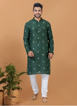 Green Chanderi Embroidered Kurta Pyjama