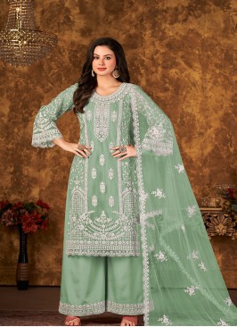 Green Color Embroidered work Net Semi Stitched  Su